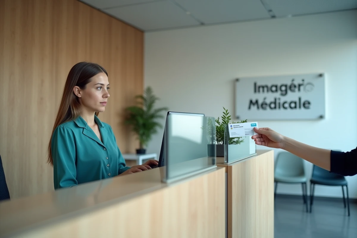 Accueil administratif d'un service d'imagerie médicale avec remise de carte vitale et dépassement d'honoraires