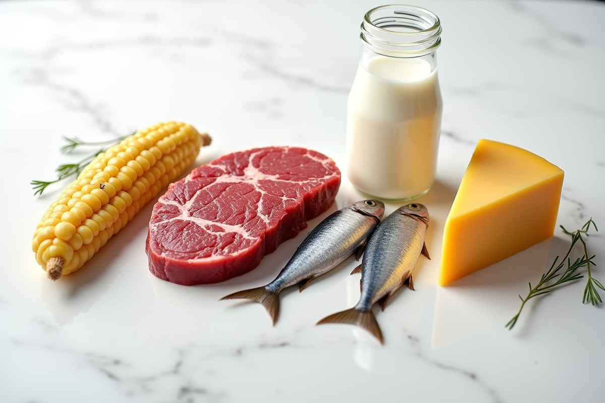 Gros plan sur aliments riches en vitamine B12 comme foie viande et sardines
