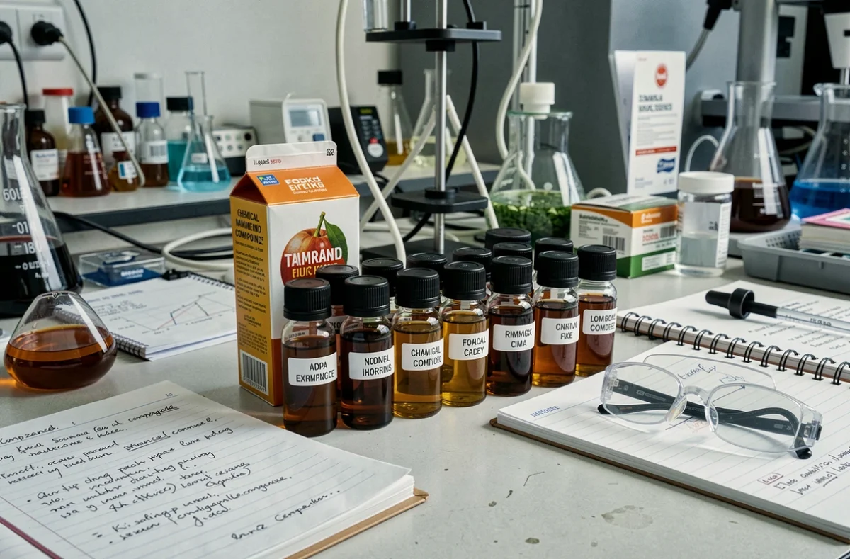 Échantillons de jus de tamarin industriel analysés dans un laboratoire alimentaire avec flacons et notes scientifiques