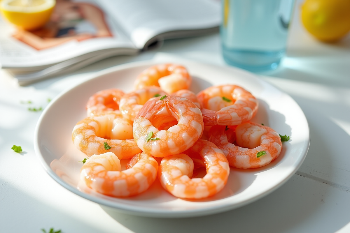 Assiette de crevettes cuites sur une table avec magazine et verre d
