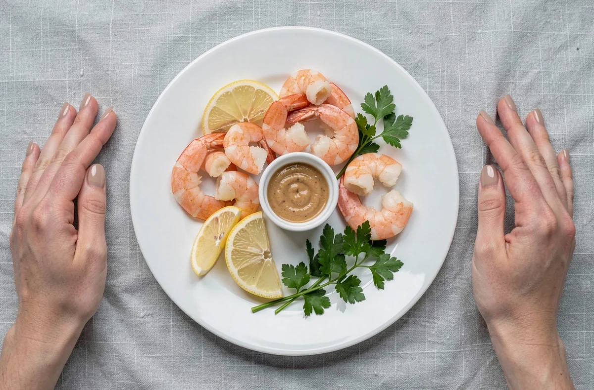 Assiette de crevettes roses servies avec du citron et du persil, tenues par une femme enceinte, vue de dessus pour illustrer les envies de fruits de mer en grossesse