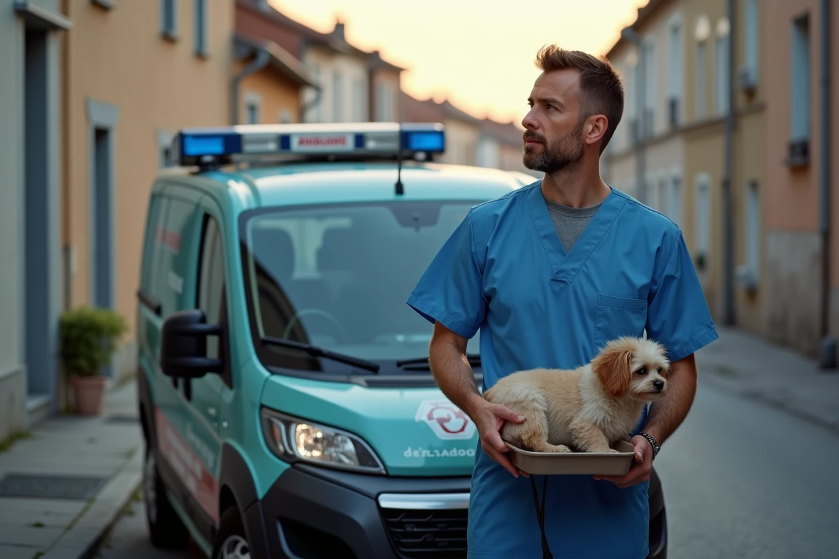 Assistante veterinaire avec un chien devant une ambulance