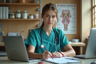 Assistante veterinaire en scrubs dans son bureau