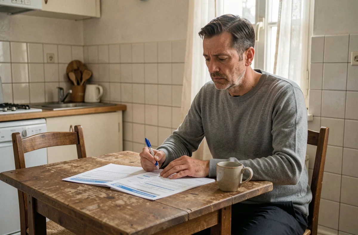 Assuré lisant attentivement des documents officiels de la Sécurité sociale à son domicile