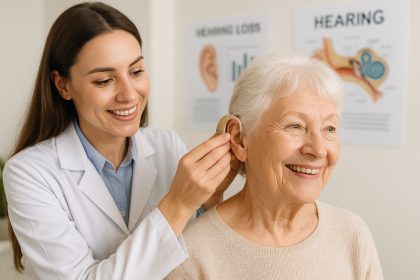 Audiologue aidant une personne âgée à ajuster un appareil auditif dans une clinique lumineuse