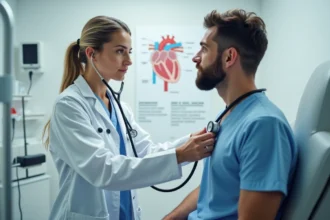 Médecin femme ausculant un patient avec un stéthoscope placé sur les foyers cardiaques lors d'un examen clinique