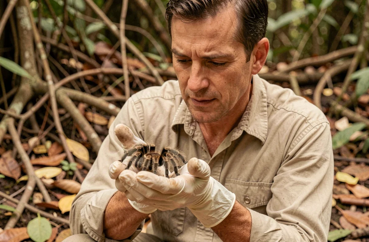 Biologiste tenant une mygale vivante avec des gants en forêt tropicale lors d'une observation scientifique