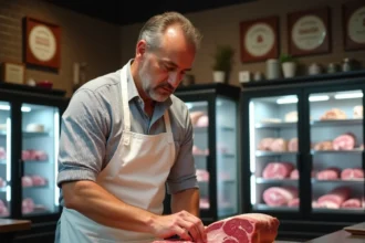 Boucher professionnel examinant une pièce de viande maigre rouge dans une boucherie traditionnelle française avec labels qualité affichés
