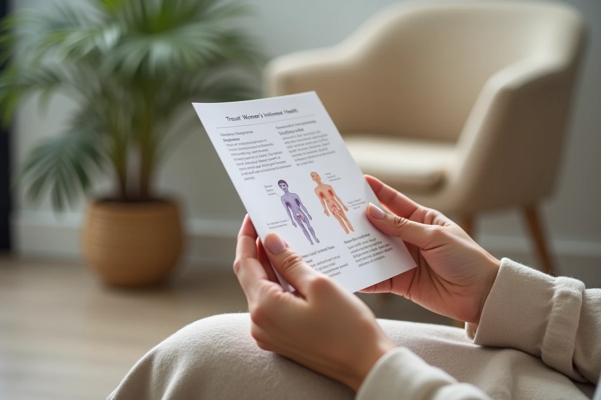 Mains de femme tenant une brochure d'information sur la santé gynécologique en salle d'attente médicale