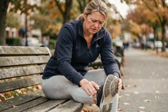 Femme d'âge mûr assise sur un banc de parc retirant sa chaussure de marche en raison de douleurs et brûlures sous les pieds
