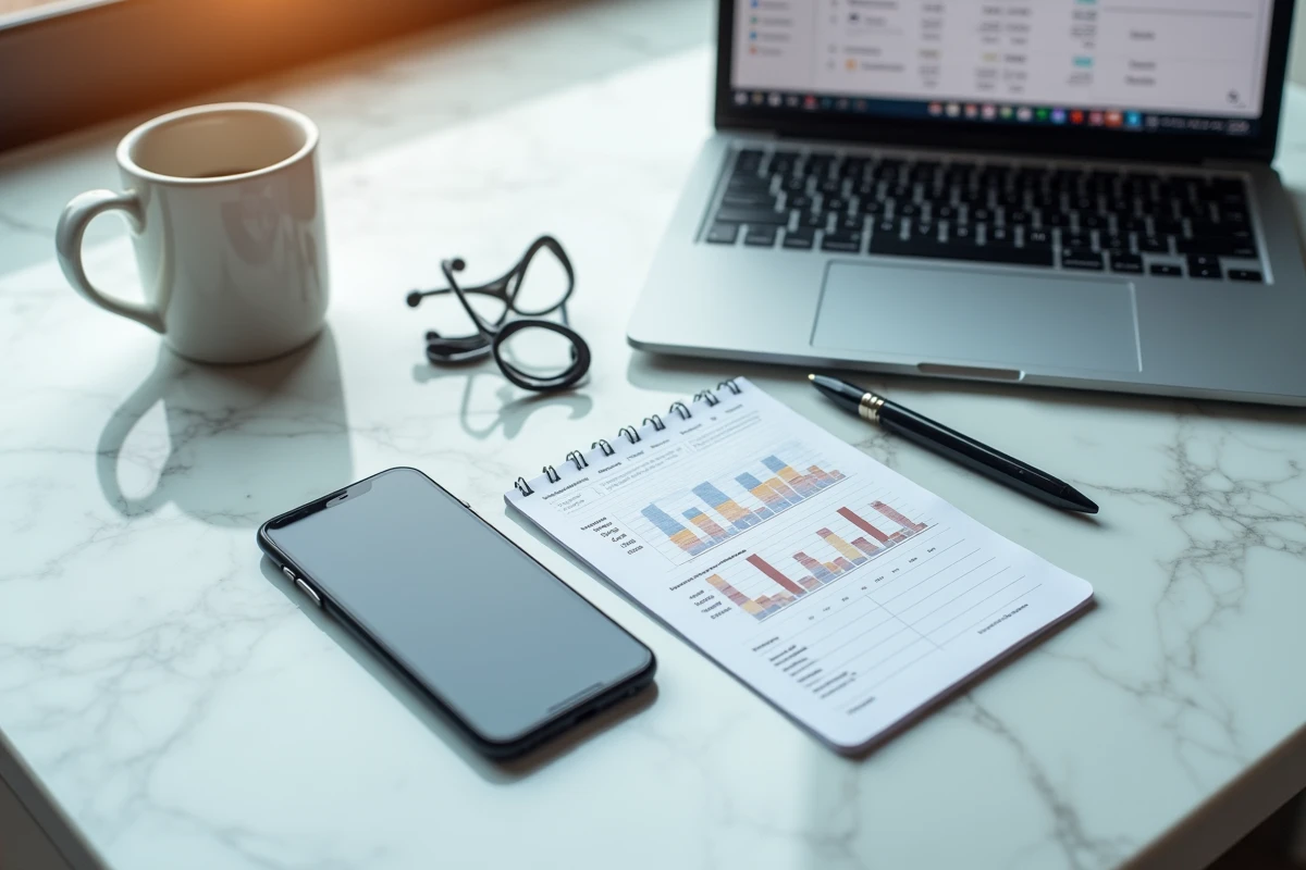 Vue aérienne d'un bureau médical organisé avec logiciel de gestion cabinet ouvert sur ordinateur portable
