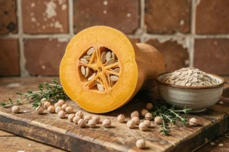 Courge butternut coupée en deux sur une planche en bois rustique entourée de fibres alimentaires comme les pois chiches et le son d'avoine