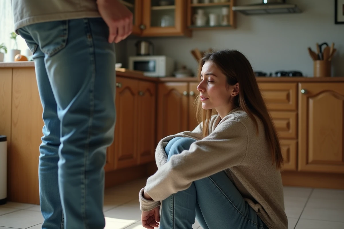 Femme en détresse sur le sol d'une cuisine pendant qu'un homme lui fait un geste condescendant lui demandant de se calmer