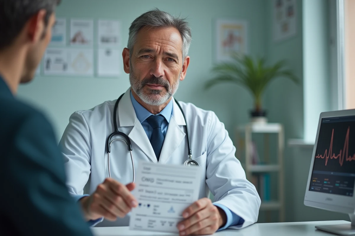 Cardiologue en consultation montrant une fiche d'information sur le paracétamol à un patient, avec un moniteur ECG visible en arrière-plan