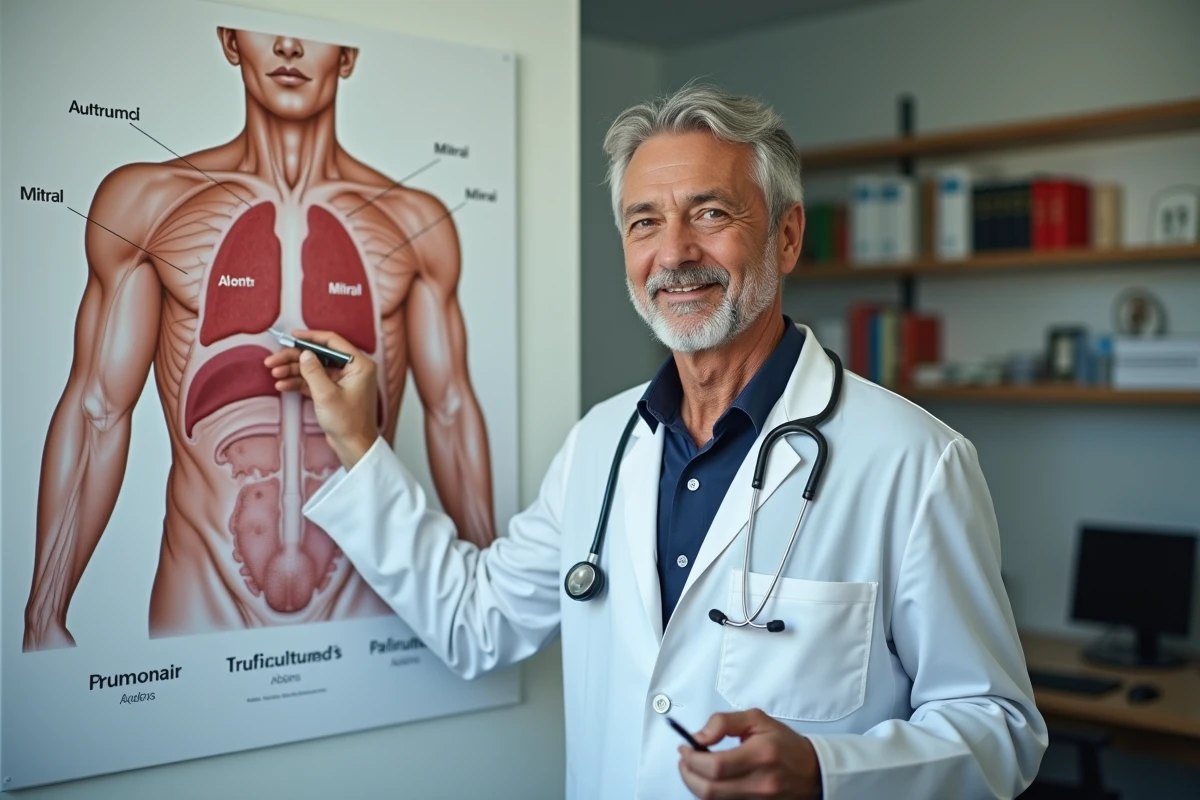 Cardiologue expliquant les zones d'auscultation cardiaque sur un schéma anatomique des foyers du cœur