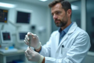 Cardiologue tenant un stent coronaire métallique avec des forceps dans un laboratoire de cathétérisme moderne