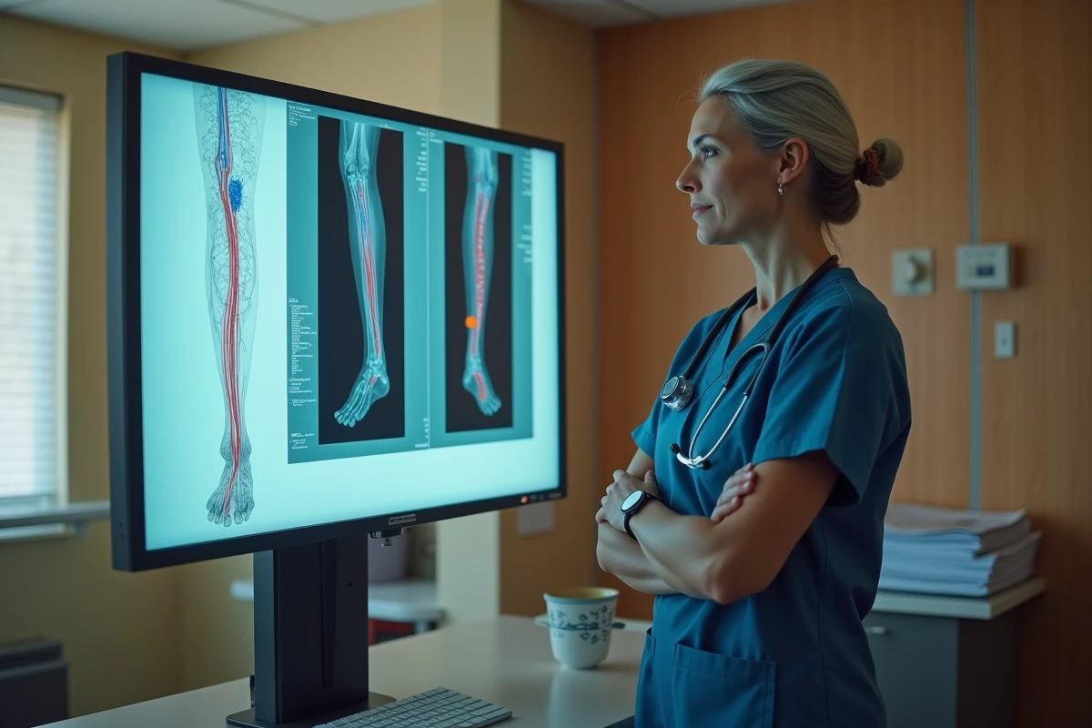 Chirurgienne vasculaire examinant une radiographie d'artère de jambe avec stent périphérique sur un négatoscope