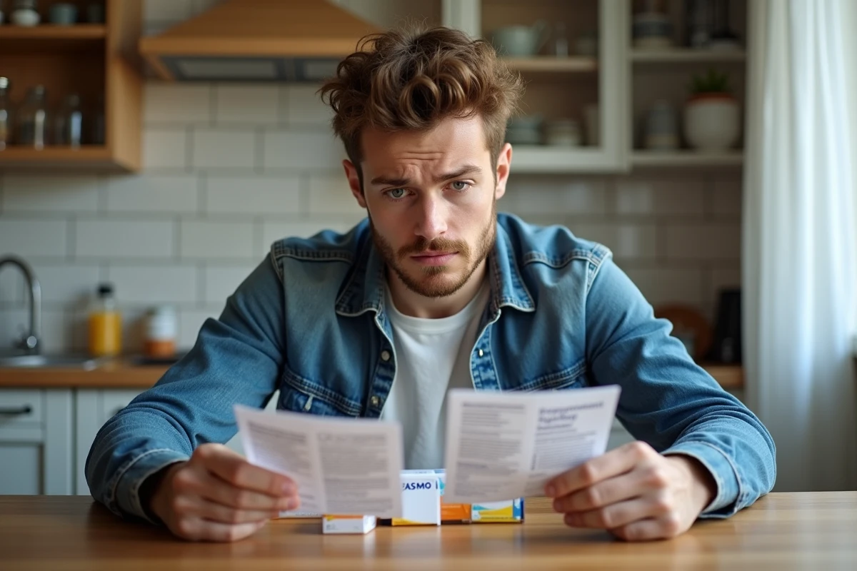 Jeune homme perplexe avec médicaments à la maison