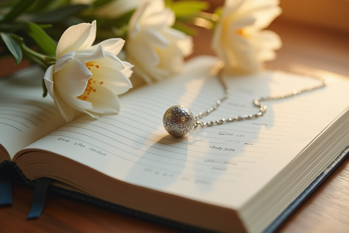 Collier bola en argent sur journal de grossesse avec fleurs blanches