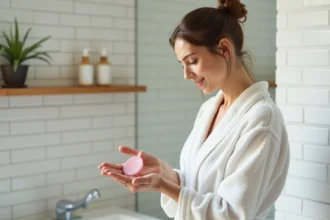 Femme comparant une coupe menstruelle et un disque menstruel dans une salle de bain moderne et épurée