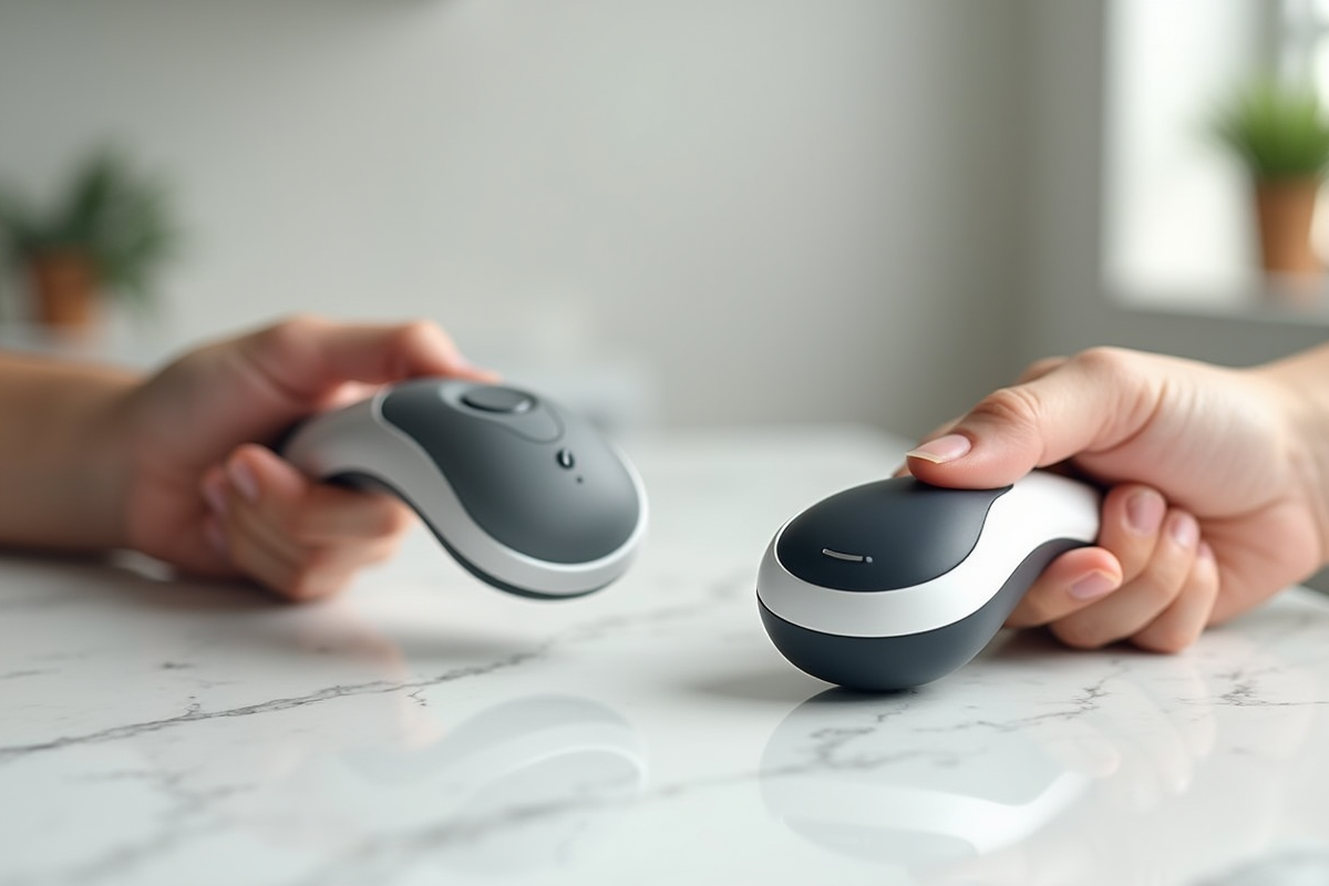 Deux mains comparant des masseurs électriques pour le cou sur un plan de travail blanc