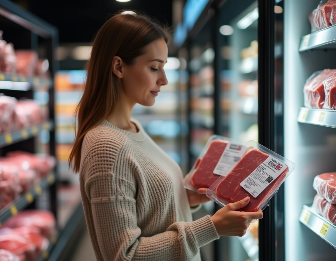 Femme comparant des emballages de viande rouge label élevage et label qualité dans un rayon de supermarché