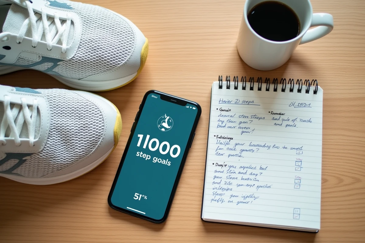 Vue du dessus d'un bureau avec smartphone affichant un compteur de 10000 pas, chaussures de sport et carnet de suivi de marche