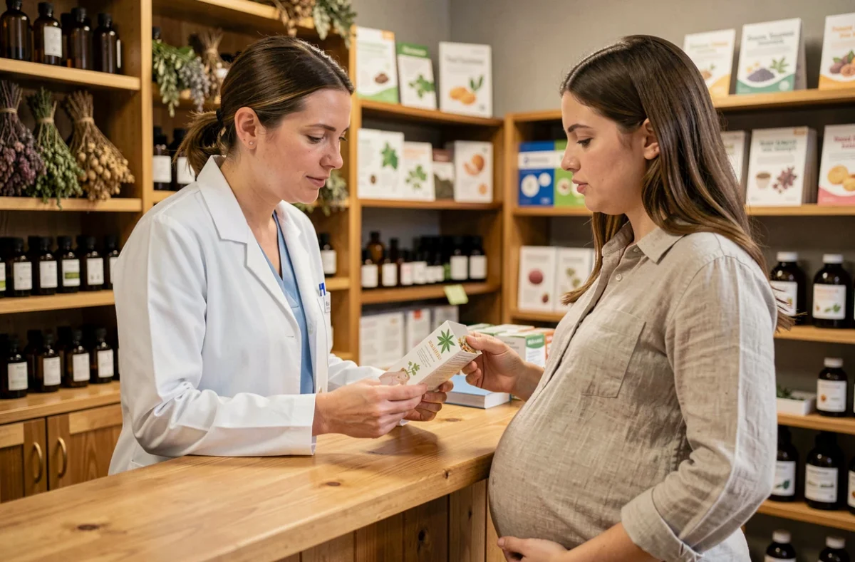 Pharmacienne conseillant une femme enceinte sur les tisanes et plantes sans danger pendant la grossesse