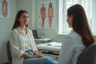 Femme consulte une gynécologue pour des questions de santé intime dans un cabinet médical calme