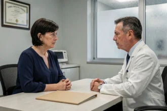 Femme assurée face à un médecin conseil de la Sécurité sociale lors d'un entretien médical administratif
