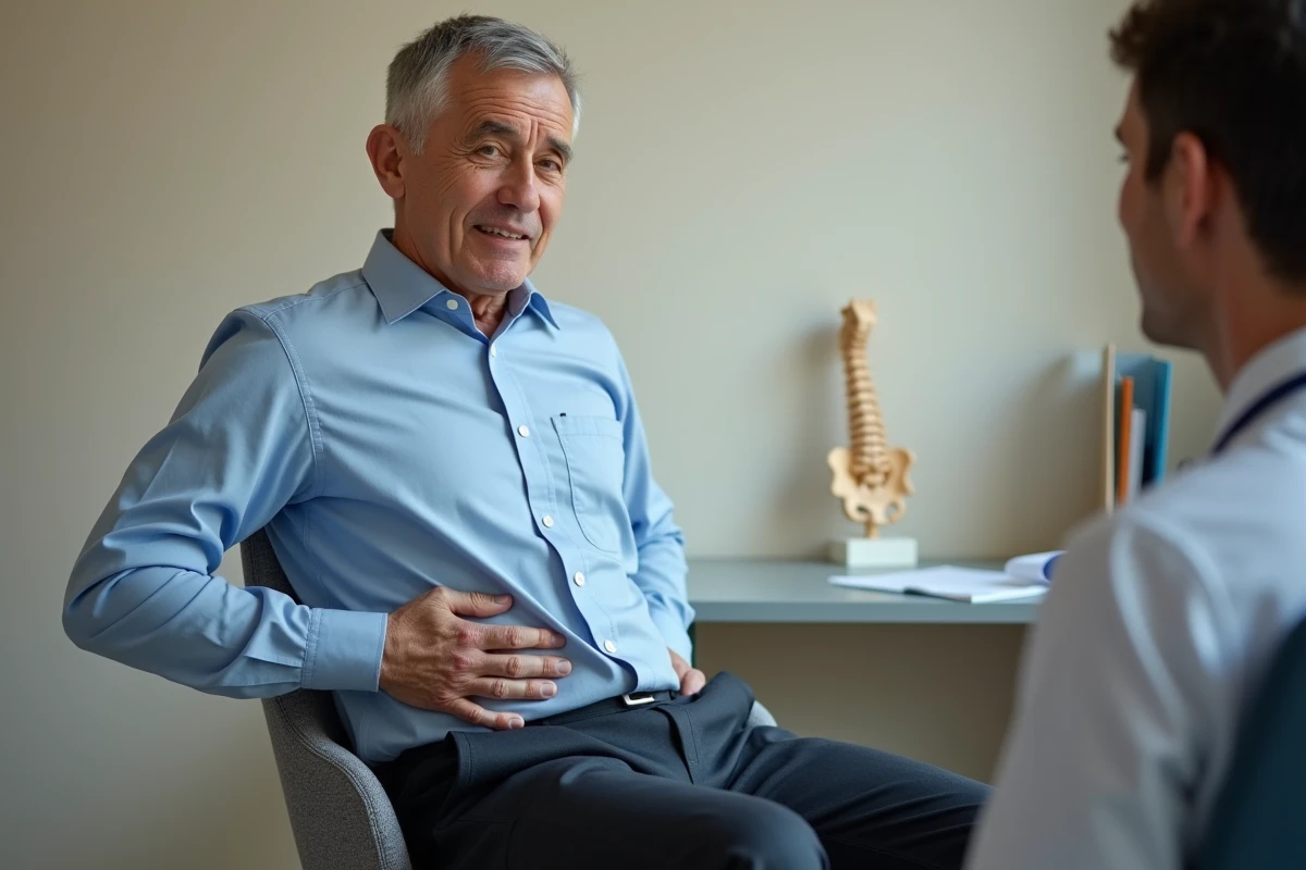 Patient homme d'une cinquantaine d'années consulte un médecin pour des douleurs lombaires liées à une discopathie dégénérative