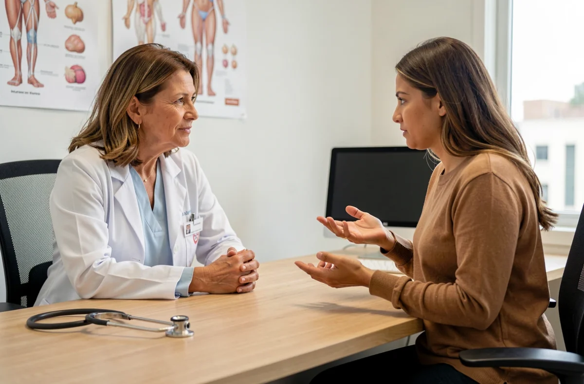Consultation médicale pour douleur au bas ventre gauche entre une patiente et une médecin en cabinet