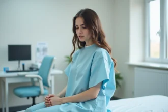 Femme adulte assise sur une table d'examen médical avec une expression préoccupée, illustrant une consultation dermatologique pour un problème cutané au niveau du pubis