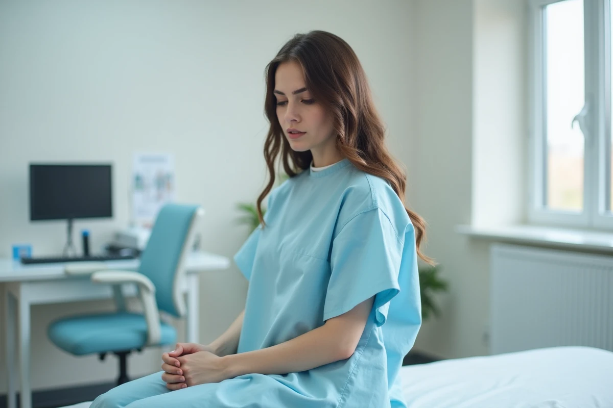 Femme adulte assise sur une table d'examen médical avec une expression préoccupée, illustrant une consultation dermatologique pour un problème cutané au niveau du pubis