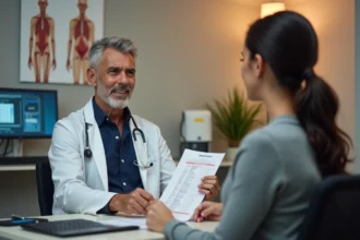 Médecin expliquant des résultats d'analyse sanguine avec transaminases SGOT élevées à un patient lors d'une consultation médicale