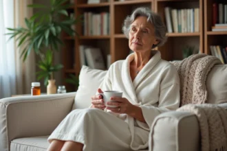Femme en convalescence chez elle après une ablation, assise sur un canapé avec une tasse de tisane et des médicaments sur la table