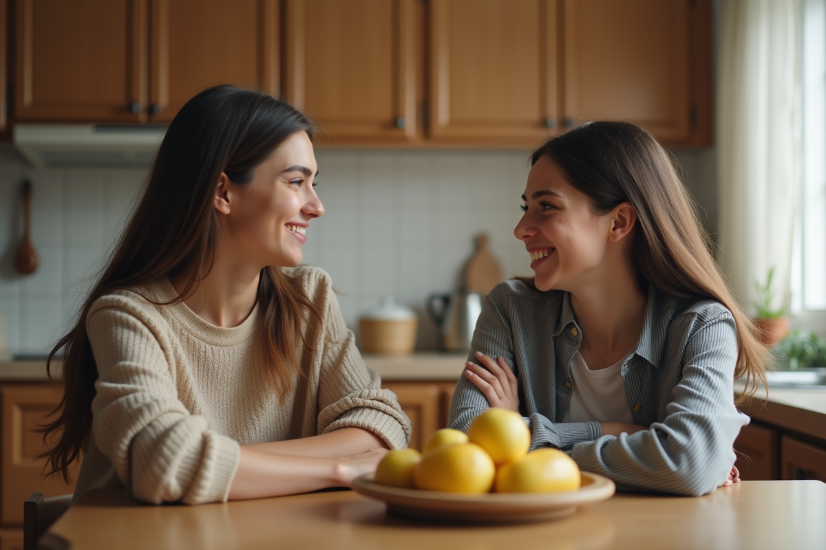 Mère et fille discutant à la table de la cuisine
