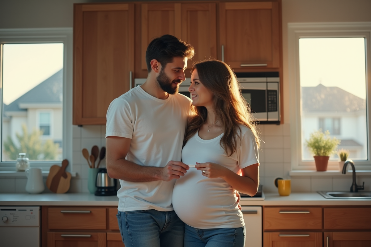 Jeune couple dans la cuisine avec test de grossesse
