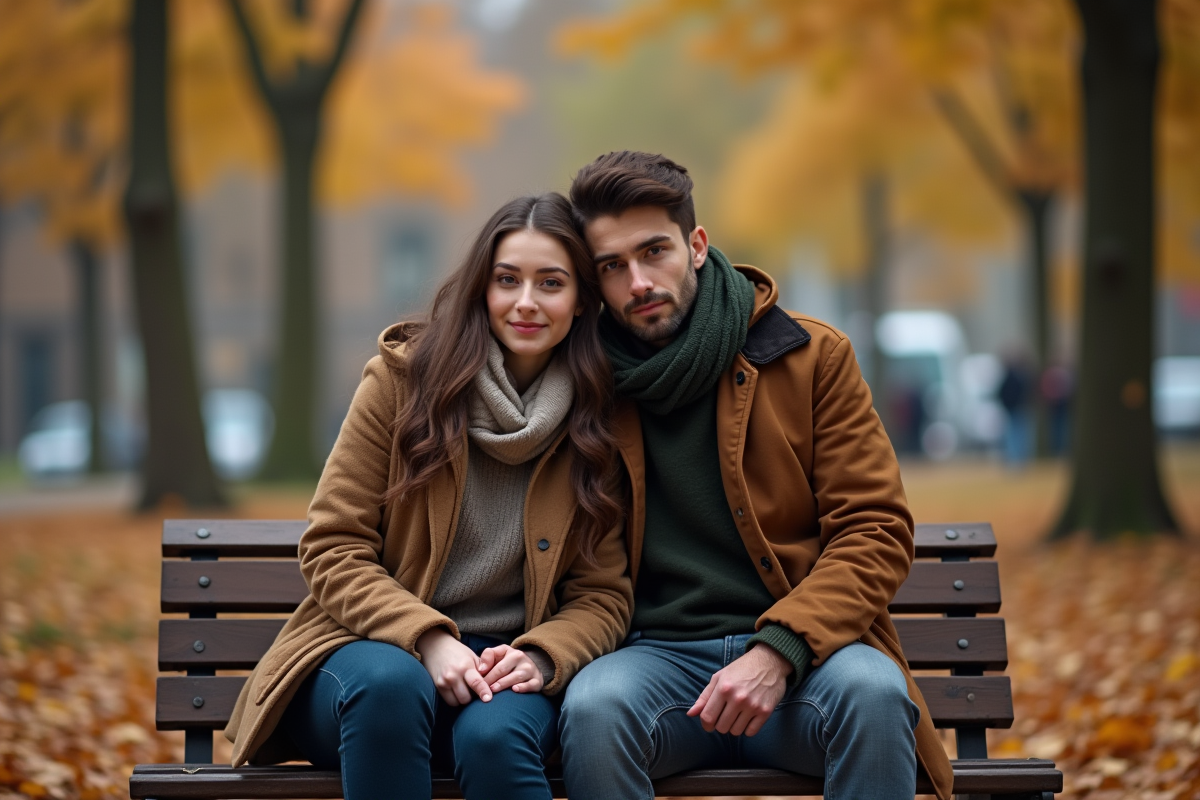 Couple assis sur un banc dans un parc en automne