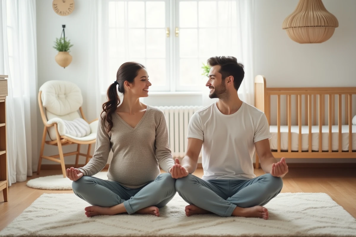 Jeune couple pratiquant des exercices de respiration dans une nurserie