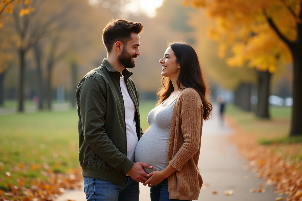 Couple dans un parc en automne tenant leur bébé