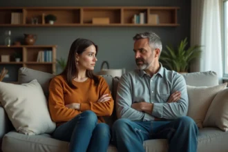 Couple assis à distance l'un de l'autre sur un canapé, illustrant la tension émotionnelle dans une relation touchée par la bipolarité