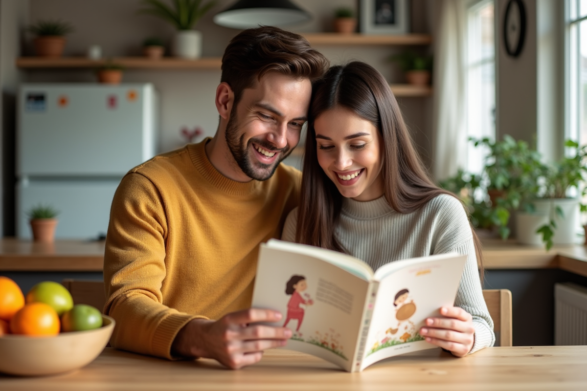 Jeune couple regardant un livre de grossesse dans la cuisine lumineuse