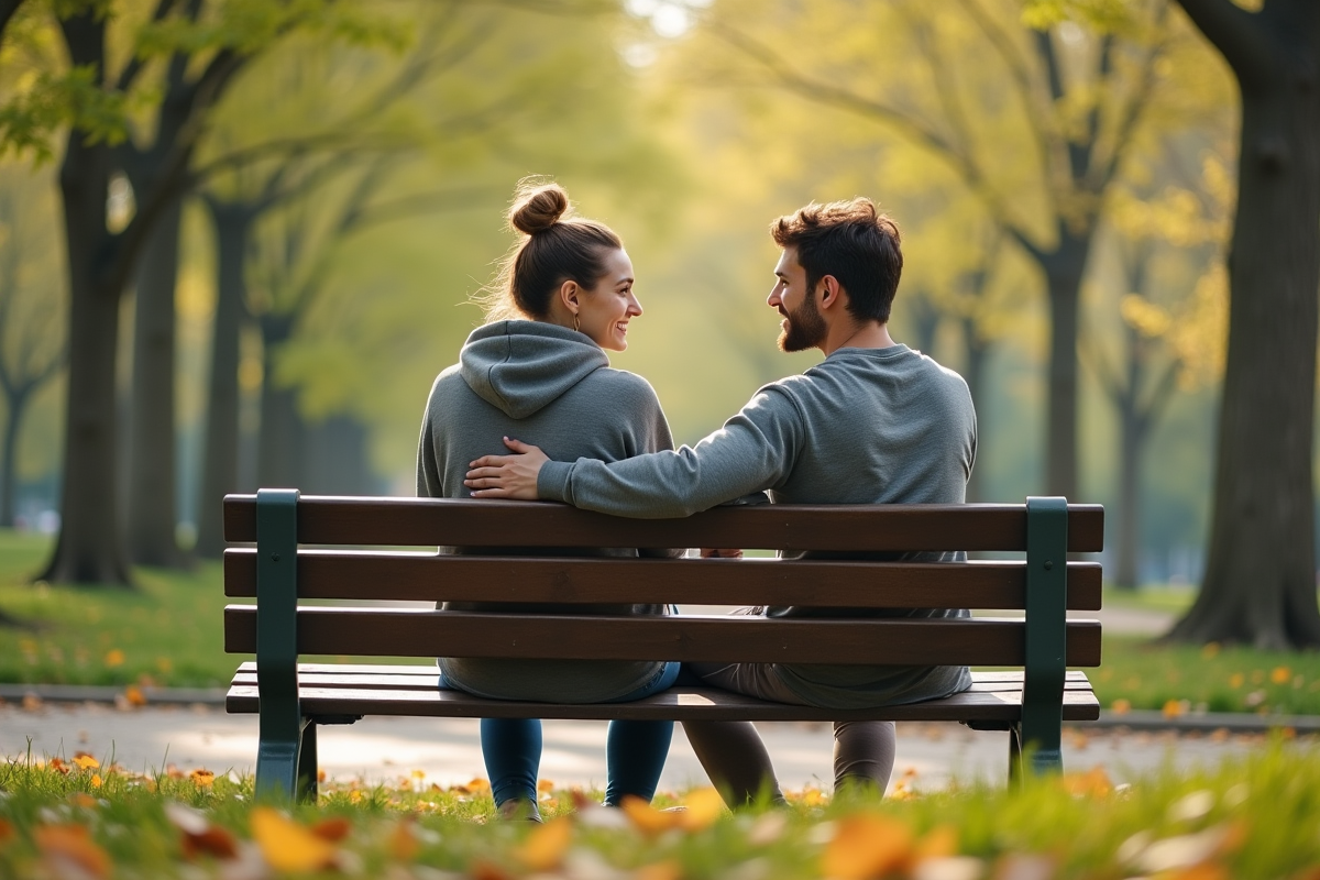 Jeune couple assis sur un banc dans un parc