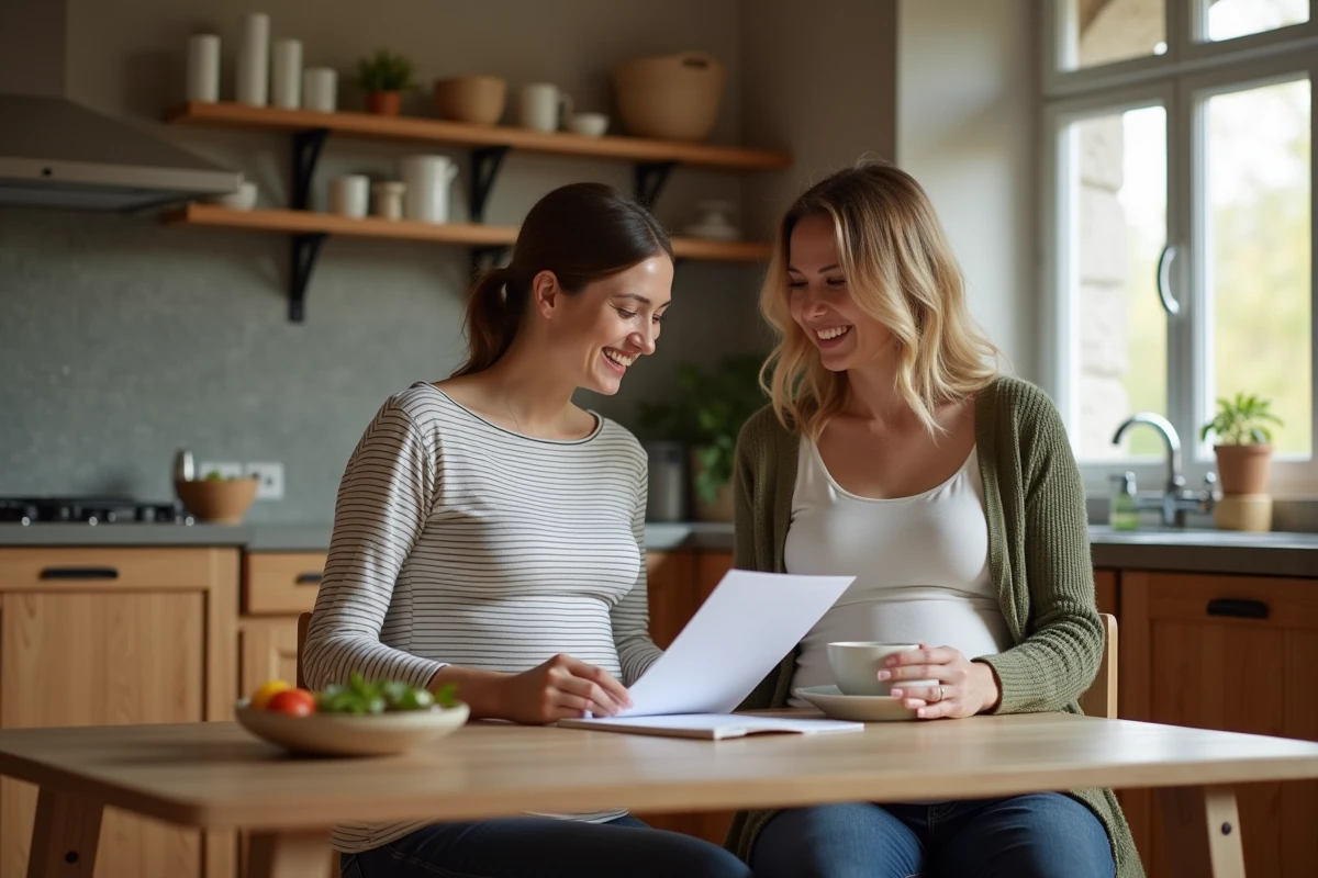 Couple de femmes dont l'une est enceinte, assises à une table de cuisine en bois, consultant un plan de naissance ensemble avec des sourires complices