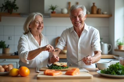 Couple senior souriant préparant un repas riche en vitamine B12