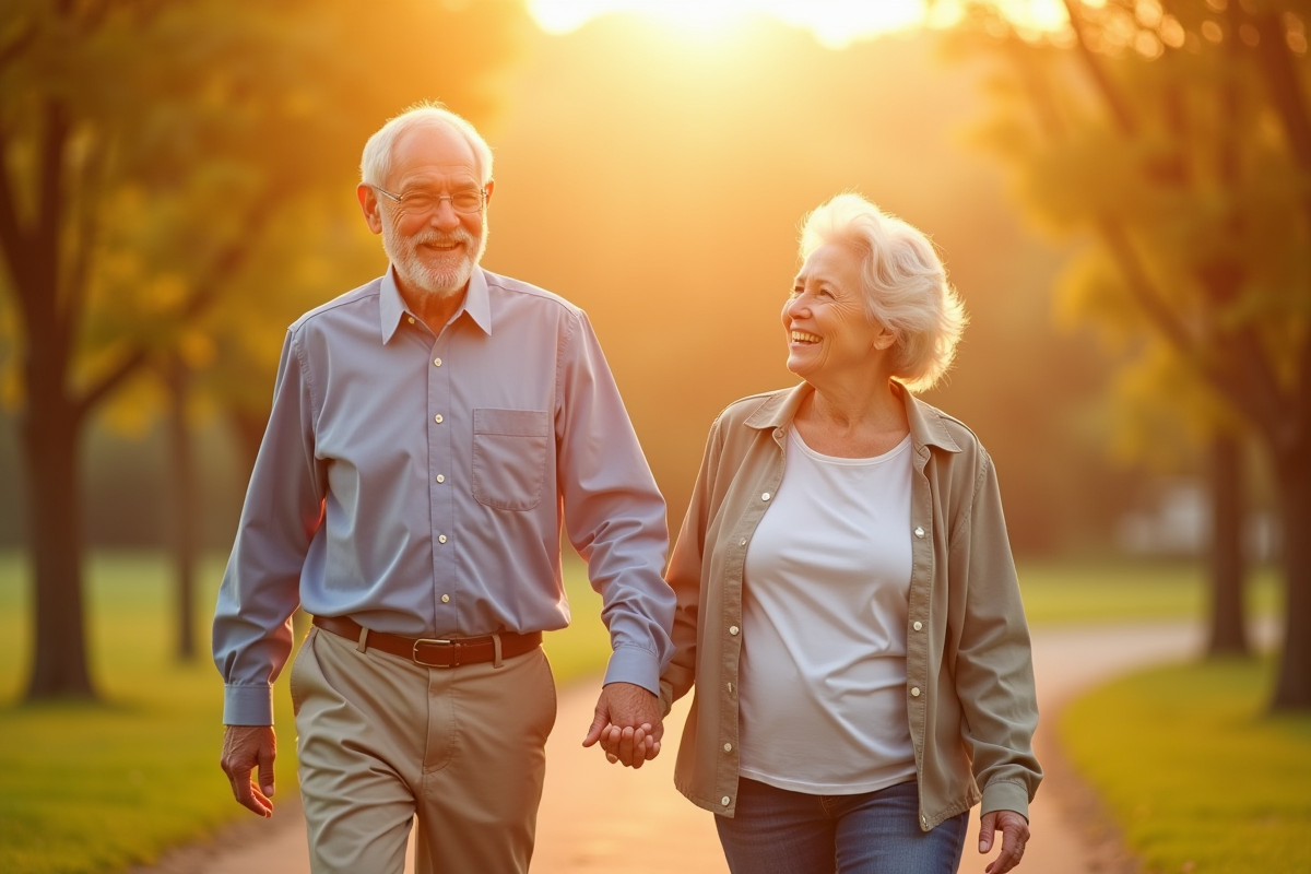 Couple senior marchant main dans la main au soleil