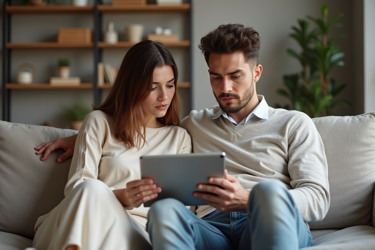 Jeune couple regardant une tablette dans le salon