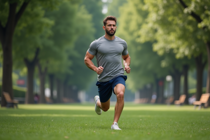 Homme en pleine lunges dans un parc urbain verdoyant