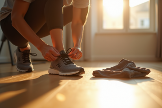 Personne nouant ses chaussures de course le matin